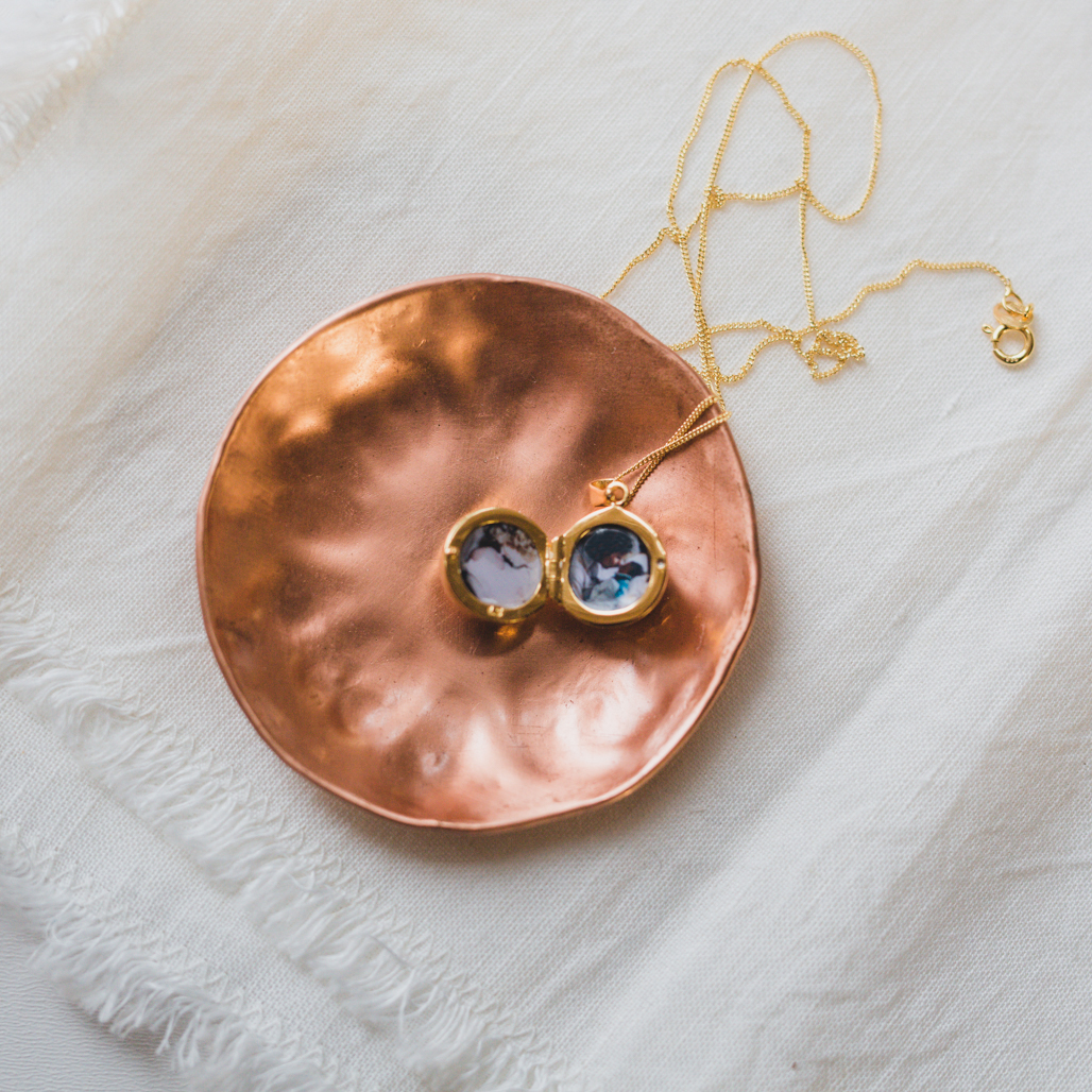 gold disco ball round circle locket with two photographs inside
