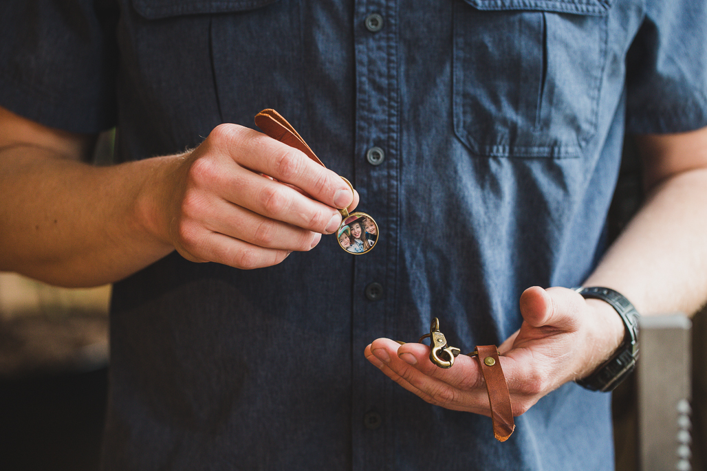 leather strap on bronze key ring with photo pendant locket for fathers day or any gift