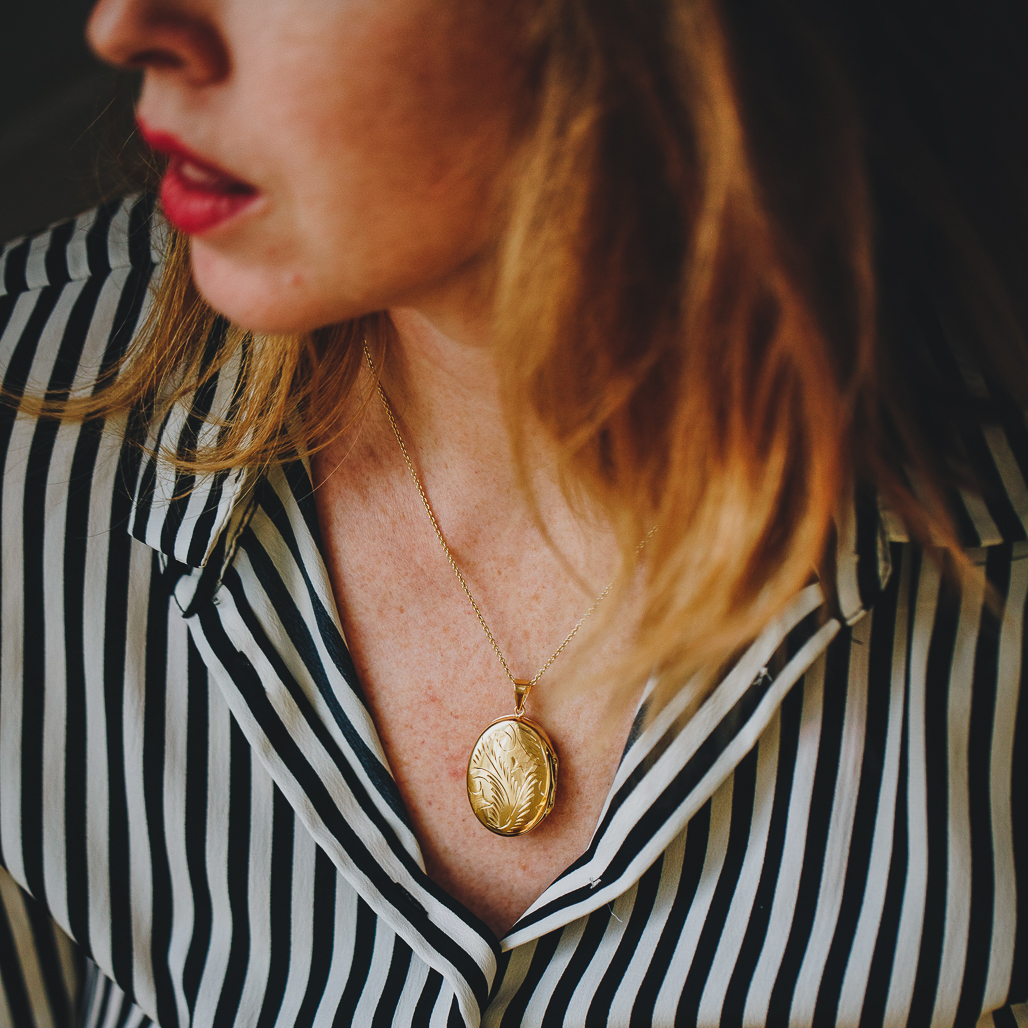 the gold evelyn locket with etching on 14k gold vermeil