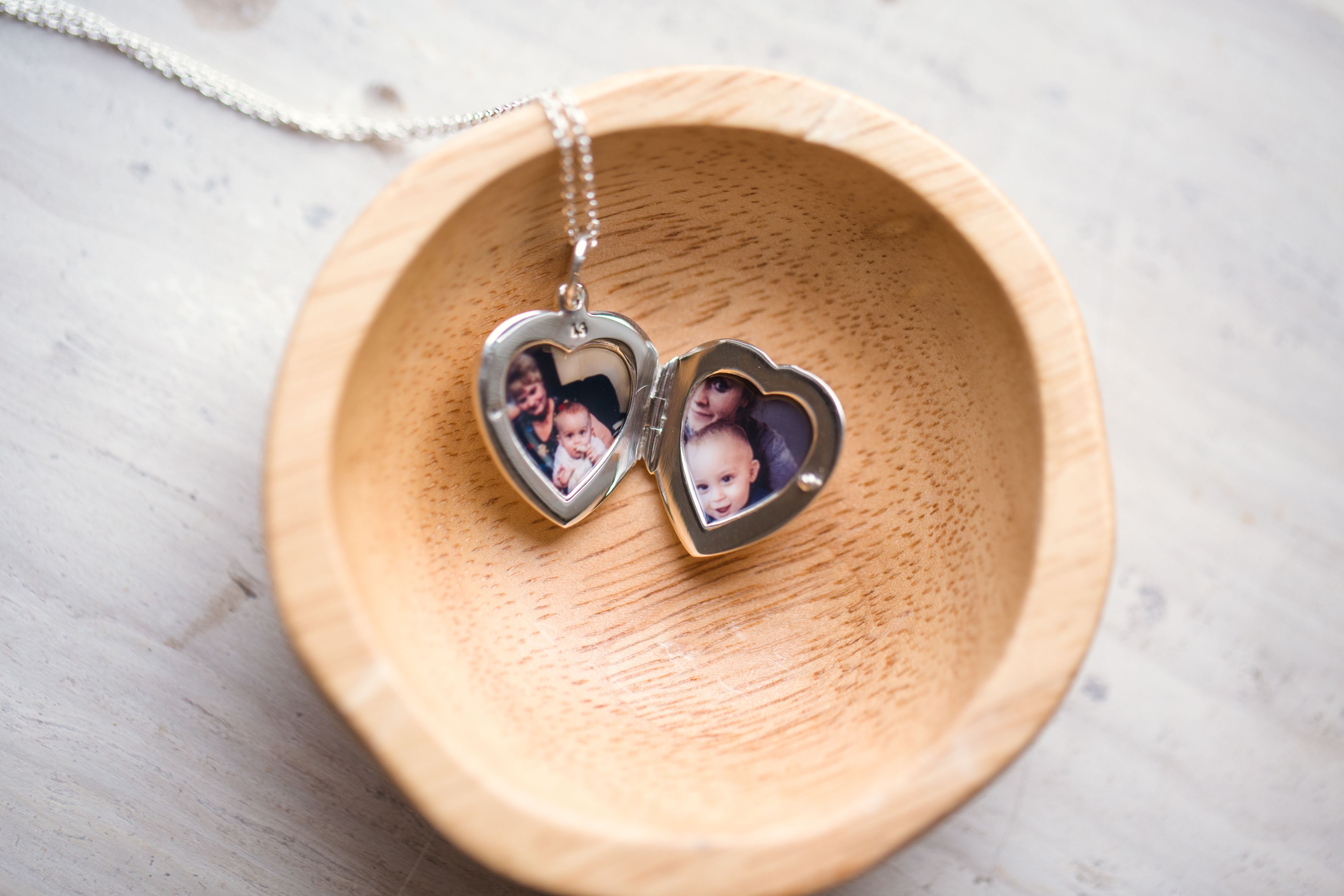 Personalized Silver Heart Locket Memorializing Grandma and Son Together for New Mama