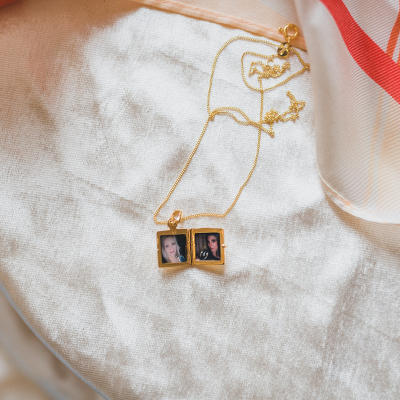 double photo square gold photo locket with pictures of best friends inside
