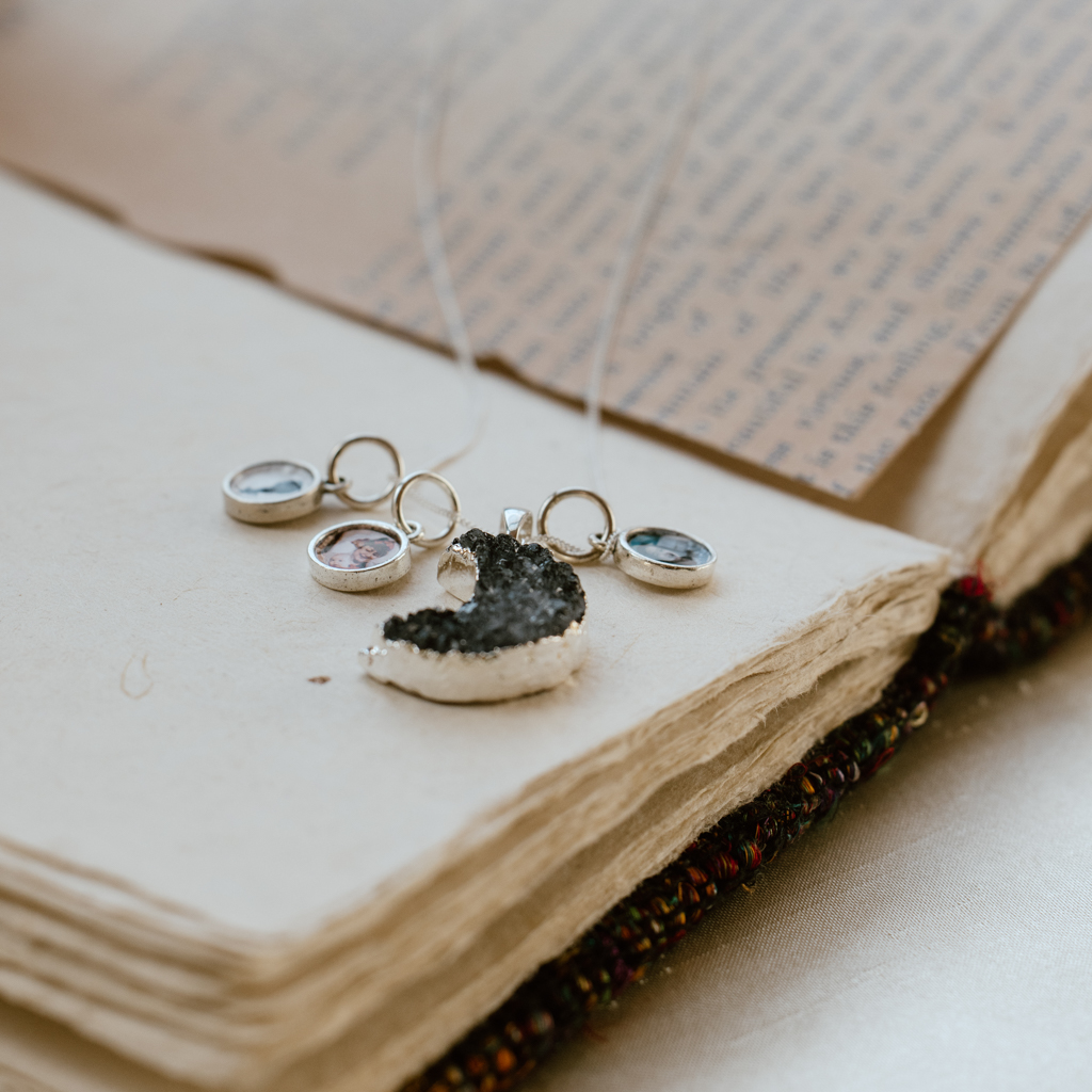 moon locket in silver dipped druzy with photo pendants